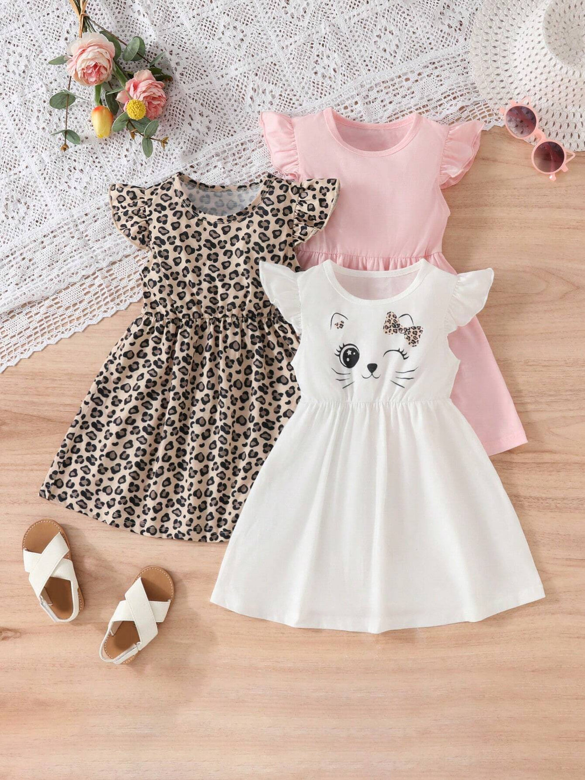 Young Girl Leopard Print Cat Style Flying Sleeve Cute Dress Three-Piece Set