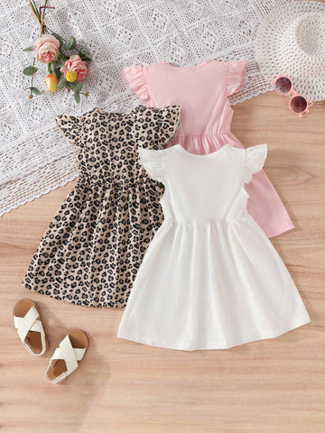 Young Girl Leopard Print Cat Style Flying Sleeve Cute Dress Three-Piece Set