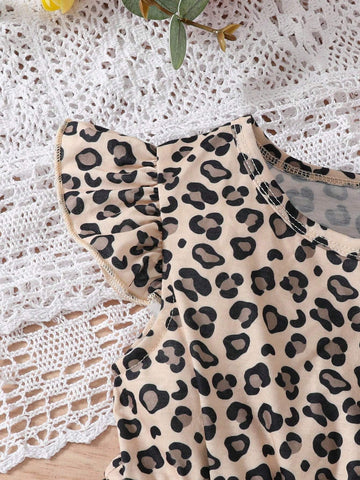 Young Girl Leopard Print Cat Style Flying Sleeve Cute Dress Three-Piece Set