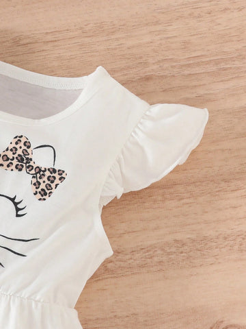 Young Girl Leopard Print Cat Style Flying Sleeve Cute Dress Three-Piece Set