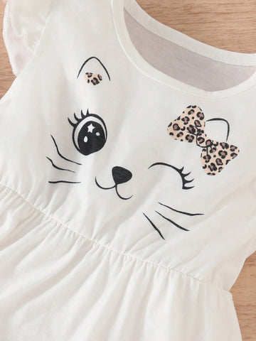 Young Girl Leopard Print Cat Style Flying Sleeve Cute Dress Three-Piece Set