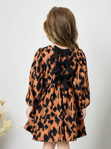 Young Girl Leopard Print Crew Neck Ruffle Bow Decor Casual Dress