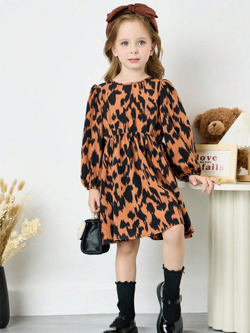 Young Girl Leopard Print Crew Neck Ruffle Bow Decor Casual Dress