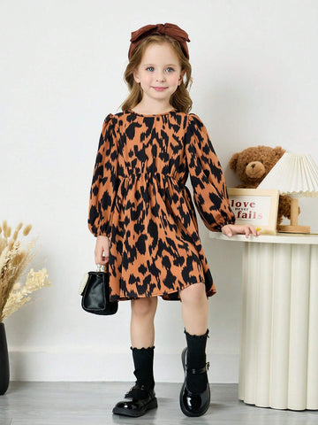 Young Girl Leopard Print Crew Neck Ruffle Bow Decor Casual Dress