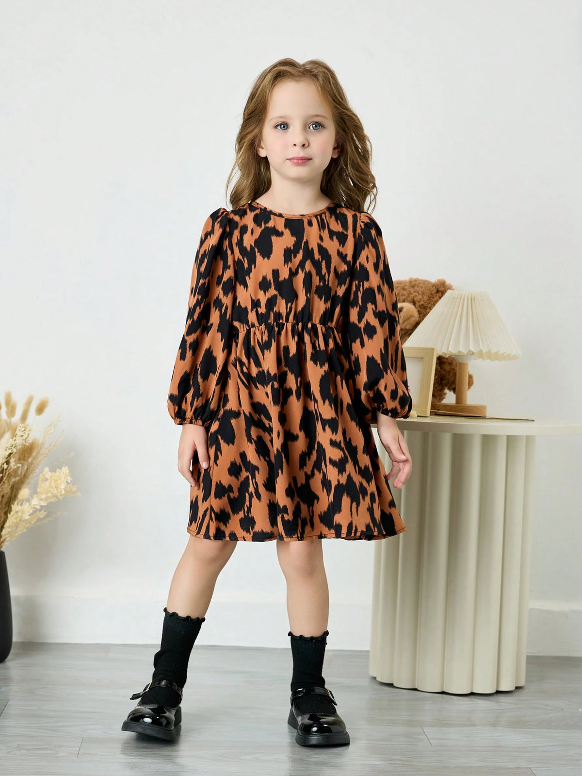 Young Girl Leopard Print Crew Neck Ruffle Bow Decor Casual Dress