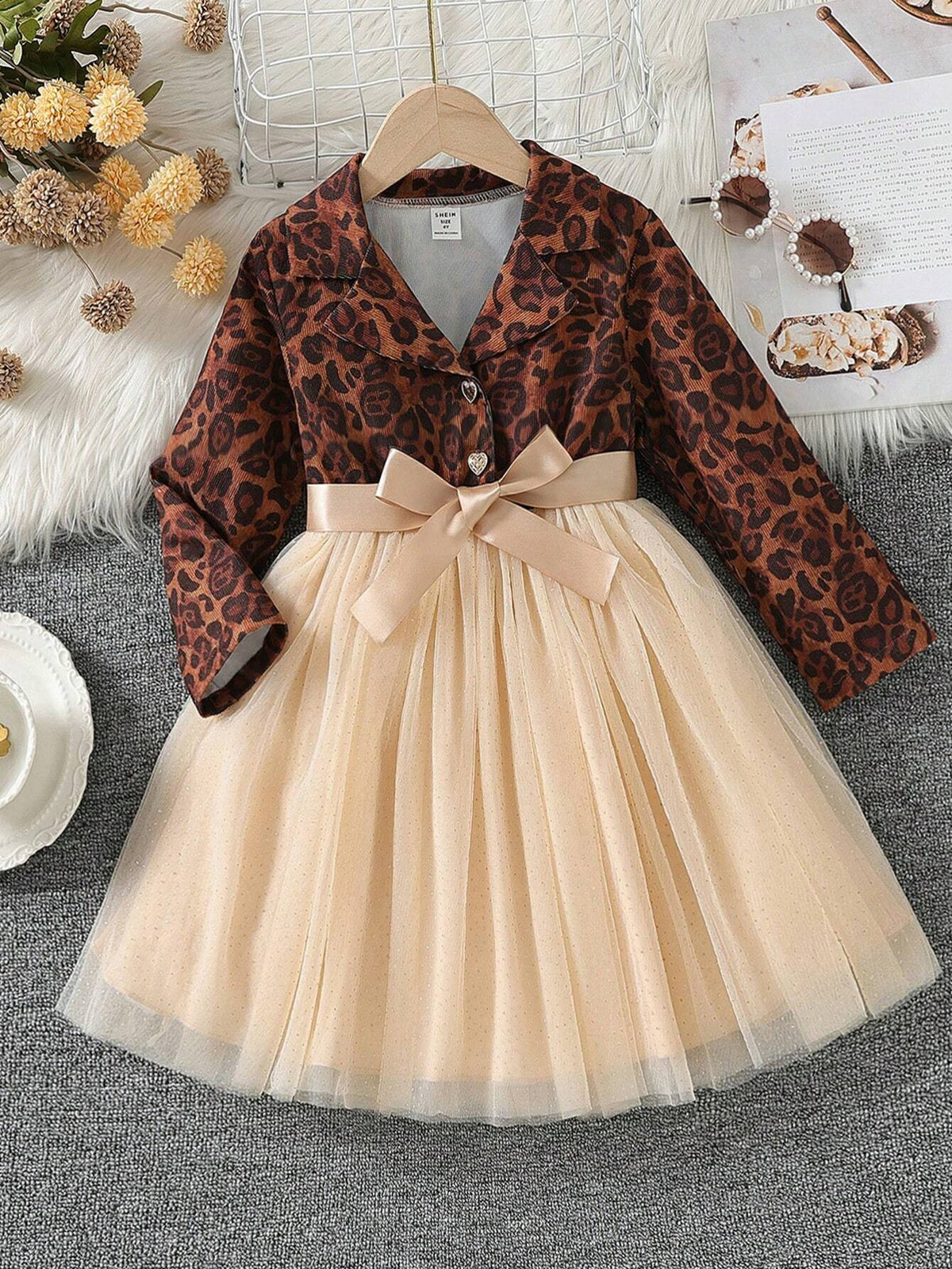Young Girl Leopard Print Flare Collar Long Sleeve Dress Puff Skirt Birthday Party Mini Dress Princess Gown