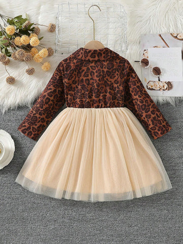 Young Girl Leopard Print Flare Collar Long Sleeve Dress Puff Skirt Birthday Party Mini Dress Princess Gown