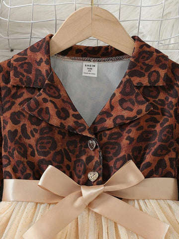 Young Girl Leopard Print Flare Collar Long Sleeve Dress Puff Skirt Birthday Party Mini Dress Princess Gown