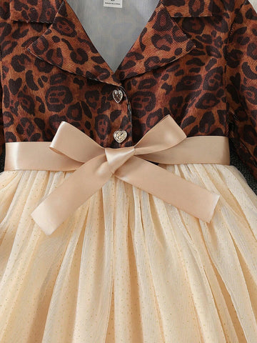 Young Girl Leopard Print Flare Collar Long Sleeve Dress Puff Skirt Birthday Party Mini Dress Princess Gown