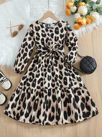 Young Girl Leopard Print Lantern Sleeve Casual Dress, Autumn