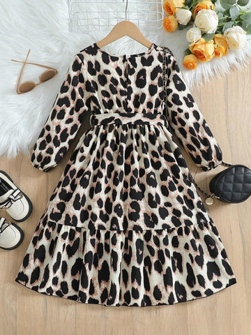 Young Girl Leopard Print Lantern Sleeve Casual Dress, Autumn
