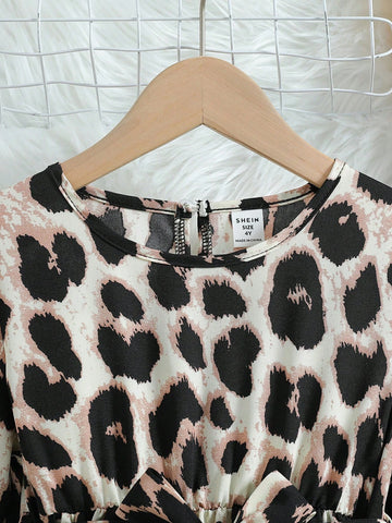Young Girl Leopard Print Lantern Sleeve Casual Dress, Autumn