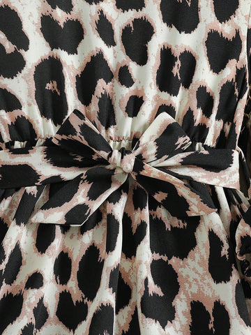 Young Girl Leopard Print Lantern Sleeve Casual Dress, Autumn