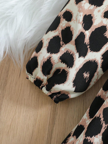 Young Girl Leopard Print Lantern Sleeve Casual Dress, Autumn