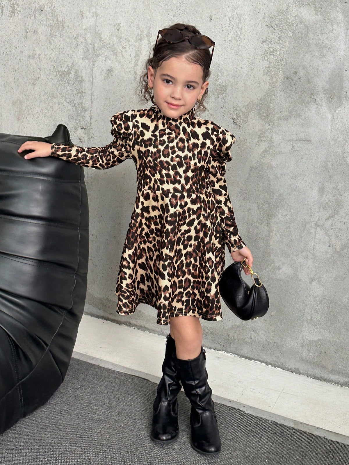 Young Girl Leopard Print Long Sleeve Ruffle Hem Sweater Dress, Suitable For Casual Everyday Wear, Autumn