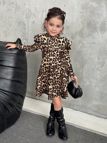 Young Girl Leopard Print Long Sleeve Ruffle Hem Sweater Dress, Suitable For Casual Everyday Wear, Autumn