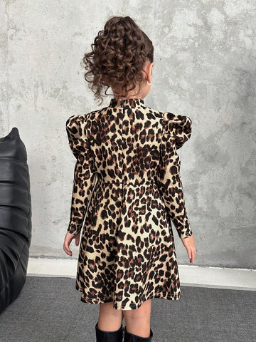 Young Girl Leopard Print Long Sleeve Ruffle Hem Sweater Dress, Suitable For Casual Everyday Wear, Autumn
