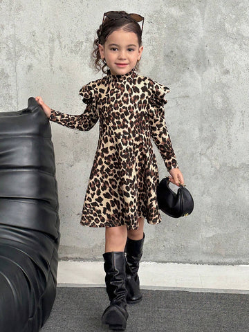 Young Girl Leopard Print Long Sleeve Ruffle Hem Sweater Dress, Suitable For Casual Everyday Wear, Autumn