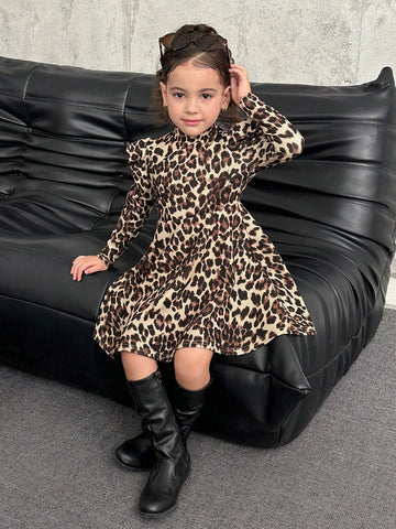 Young Girl Leopard Print Long Sleeve Ruffle Hem Sweater Dress, Suitable For Casual Everyday Wear, Autumn