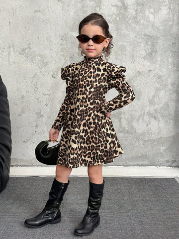 Young Girl Leopard Print Long Sleeve Ruffle Hem Sweater Dress, Suitable For Casual Everyday Wear, Autumn