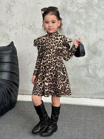 Young Girl Leopard Print Long Sleeve Ruffle Hem Sweater Dress, Suitable For Casual Everyday Wear, Autumn
