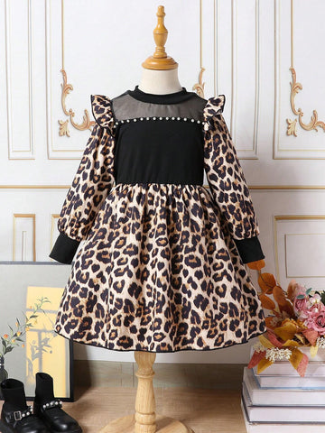 Young Girl Leopard Print Patchwork Mesh Long Sleeve Dress