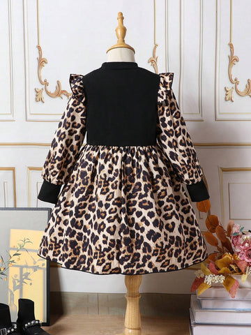 Young Girl Leopard Print Patchwork Mesh Long Sleeve Dress