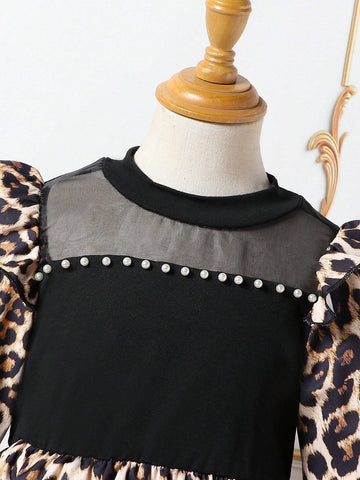 Young Girl Leopard Print Patchwork Mesh Long Sleeve Dress