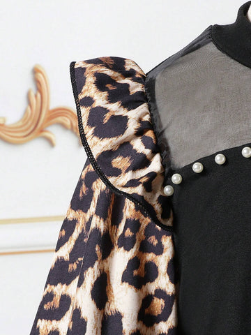 Young Girl Leopard Print Patchwork Mesh Long Sleeve Dress