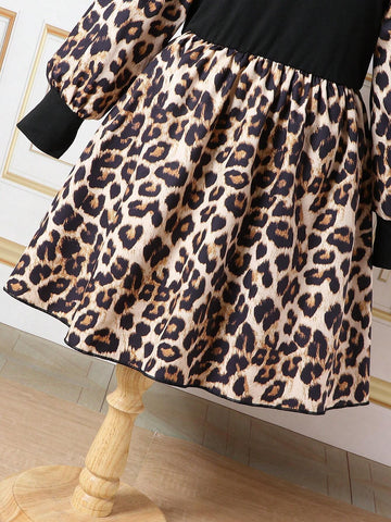 Young Girl Leopard Print Patchwork Mesh Long Sleeve Dress
