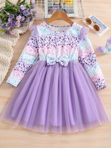 Young Girl Leopard Stitching Mesh Long Sleeve Tutu Dress For Spring And Autumn Daily Casual