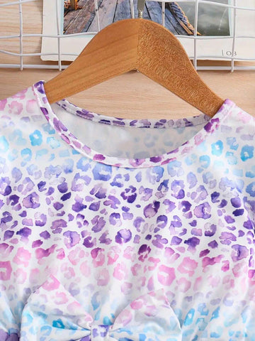 Young Girl Leopard Stitching Mesh Long Sleeve Tutu Dress For Spring And Autumn Daily Casual