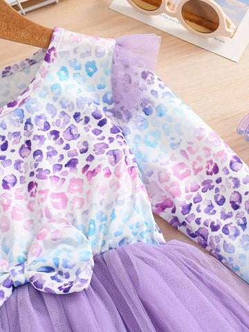 Young Girl Leopard Stitching Mesh Long Sleeve Tutu Dress For Spring And Autumn Daily Casual