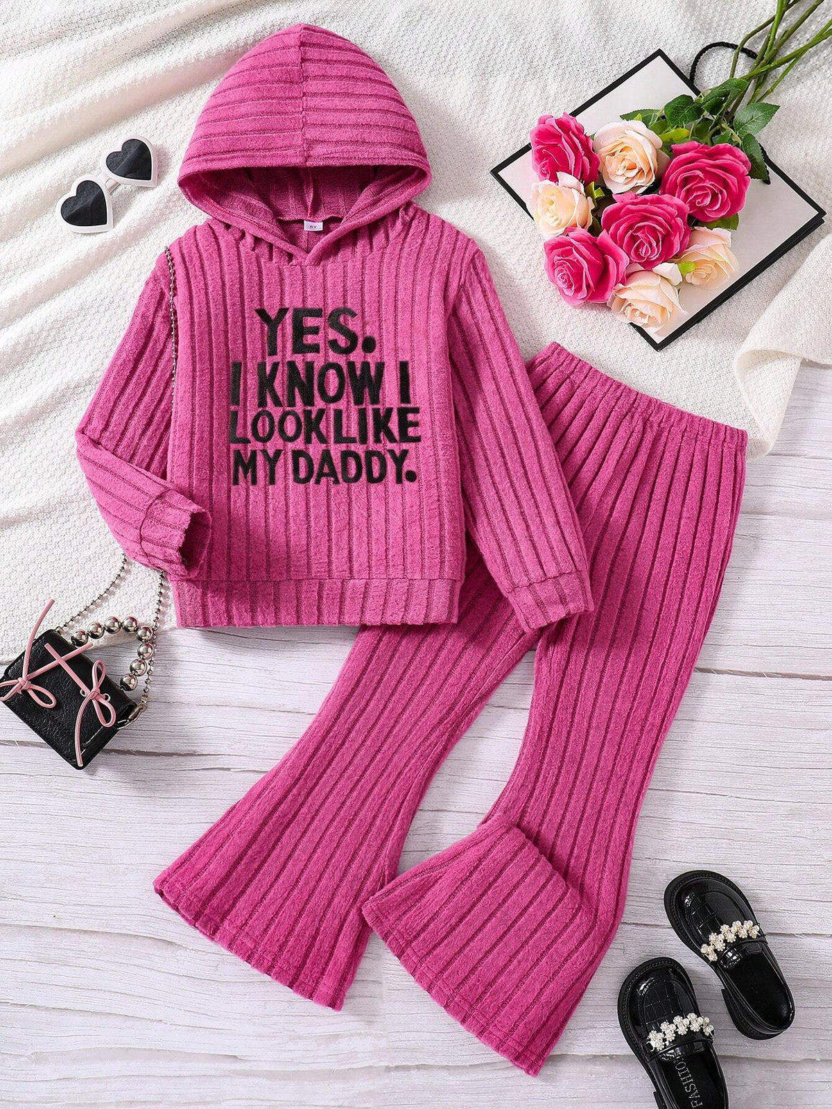 Young Girl Letter Embroidered Ribbed Hoodie And Flare Pants Set, Casual Daily Wear
