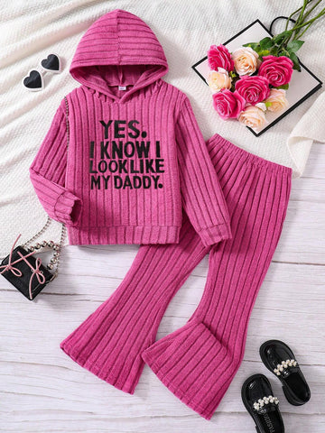 Young Girl Letter Embroidered Ribbed Hoodie And Flare Pants Set, Casual Daily Wear