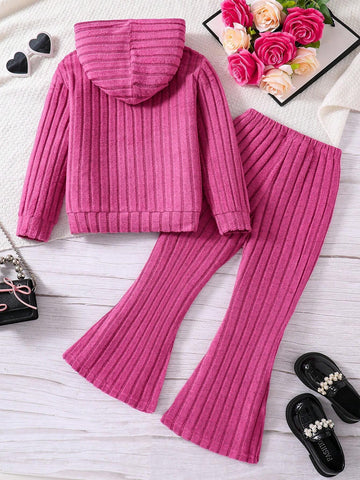 Young Girl Letter Embroidered Ribbed Hoodie And Flare Pants Set, Casual Daily Wear