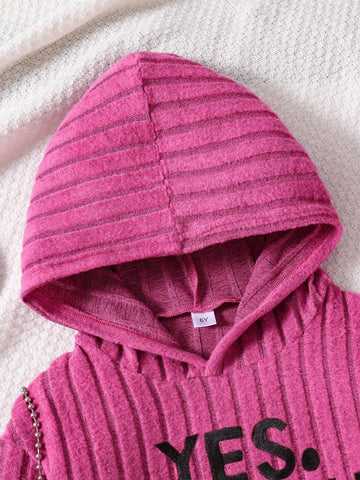 Young Girl Letter Embroidered Ribbed Hoodie And Flare Pants Set, Casual Daily Wear