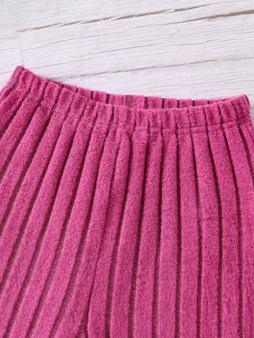 Young Girl Letter Embroidered Ribbed Hoodie And Flare Pants Set, Casual Daily Wear