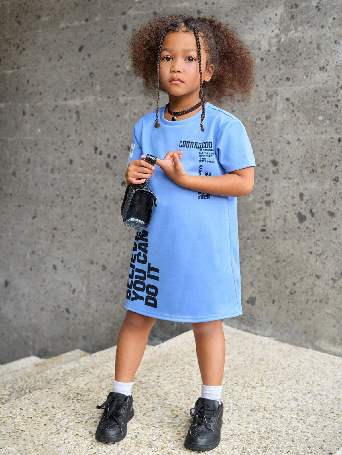 Young Girl Letter Graphic Drop Shoulder Tee Dress, Suitable For Summer