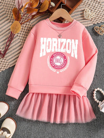 Young Girl Letter Print Contrast Color Mesh Fabric 2-In-1 Sports Dress