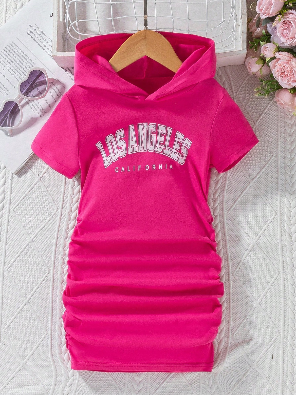 Young Girl Letter Print Hooded Short Sleeve Dress