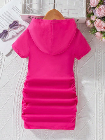 Young Girl Letter Print Hooded Short Sleeve Dress