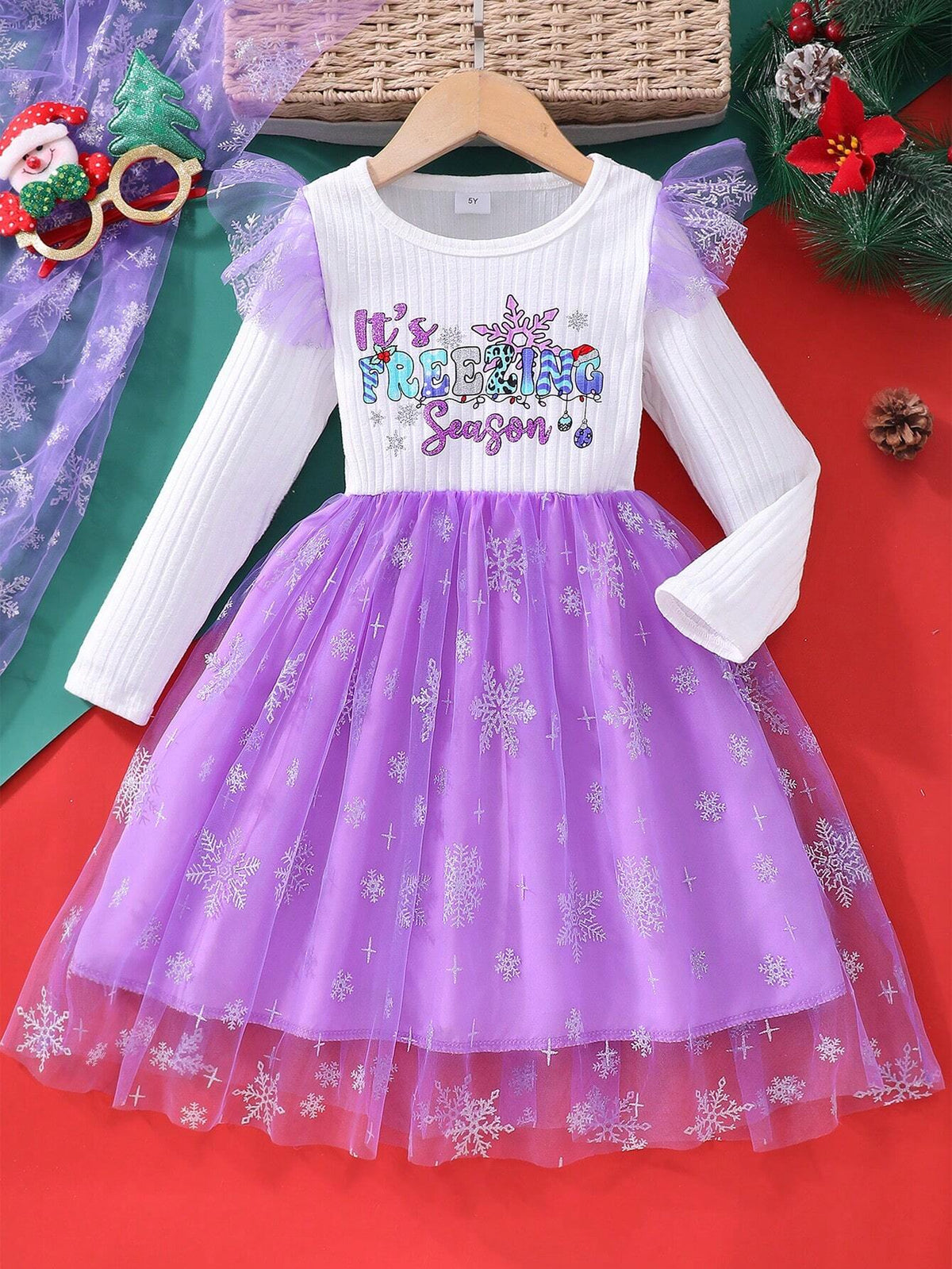 Young Girl' Letter Print Mesh Overlay Long Sleeve Round Neck Dress