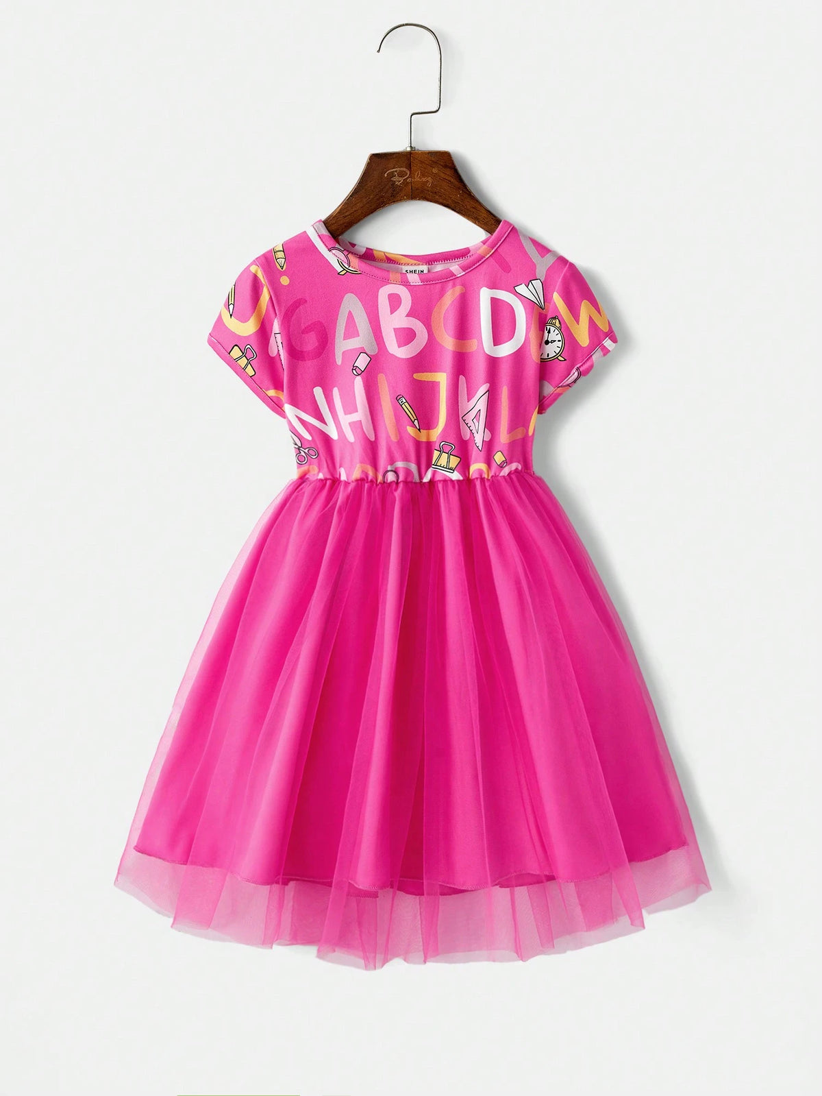 Young Girl Letter Print Round Neck Short Sleeve Mesh Hem Dress
