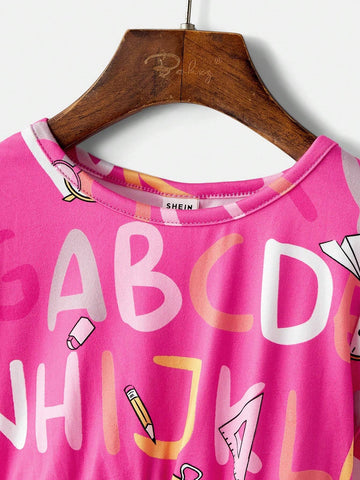 Young Girl Letter Print Round Neck Short Sleeve Mesh Hem Dress