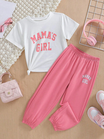 Young Girl Letter Print Round Neck Short Sleeve T-Shirt And Long Pants Sports Set