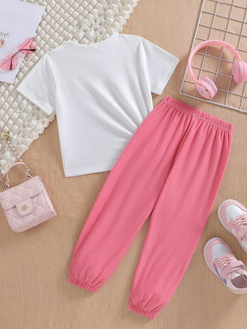 Young Girl Letter Print Round Neck Short Sleeve T-Shirt And Long Pants Sports Set