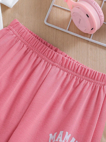 Young Girl Letter Print Round Neck Short Sleeve T-Shirt And Long Pants Sports Set