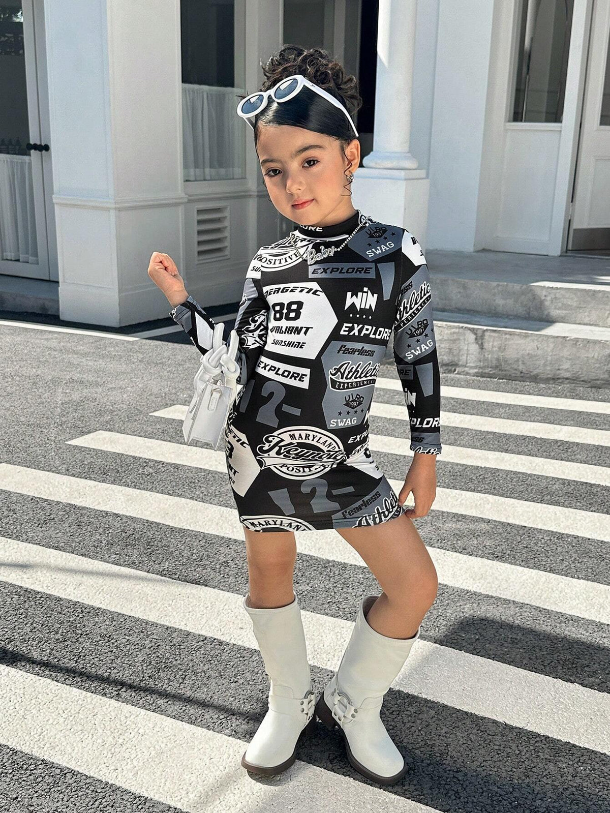Young Girl Letter Print Stand Collar Fitted Knit Dress