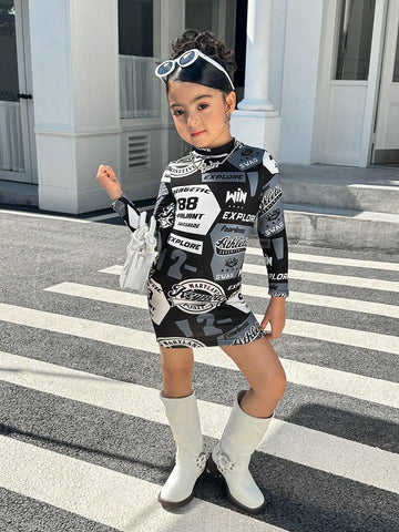 Young Girl Letter Print Stand Collar Fitted Knit Dress